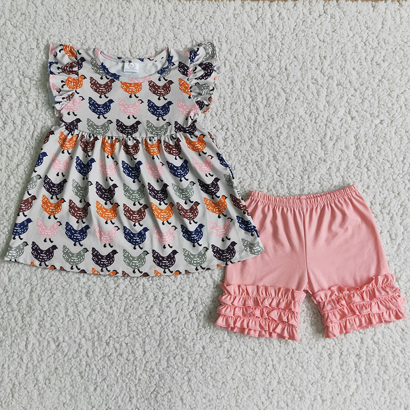 promotion C5-11  Chicken pattern puffy solid pink ruffles girl short sleeve shorts outfits 20230406 RTS