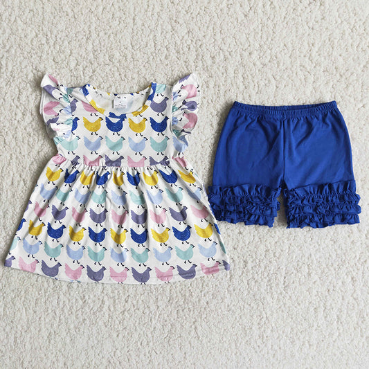 Chicken pattern puffy blue ruffles girl short sleeve shorts outfits