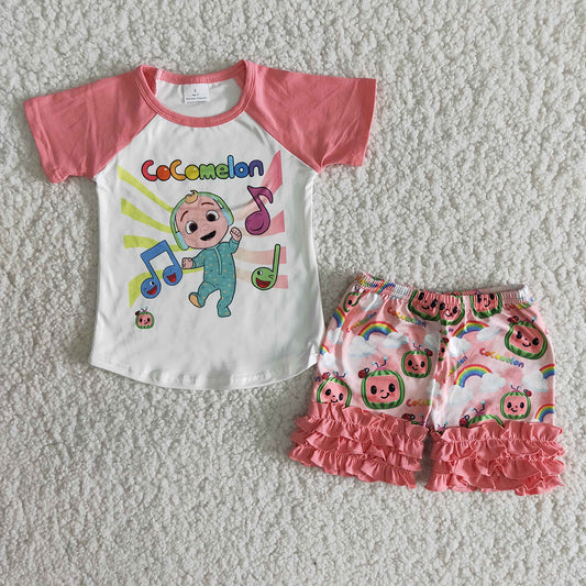 promotion price B12-22 pink ruffles cartoon short sleeve shorts