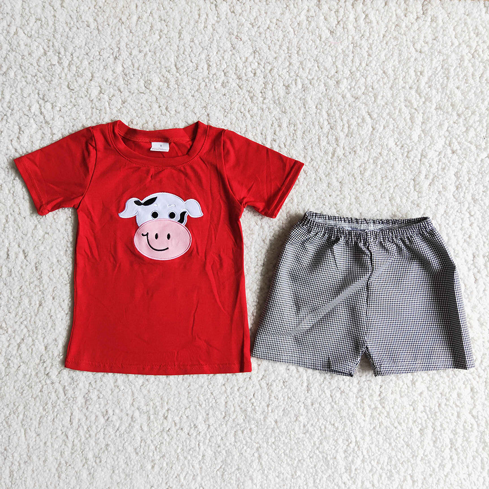 PROMOTION D13-1 Cow farm embroidery red grey plaid short sleeve shorts boy outfit 20230105 RTS