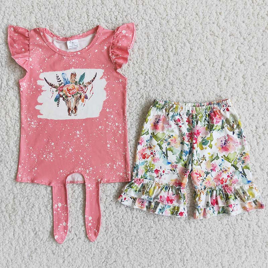 Cow head pink bleaching top ruffles floral short pants set