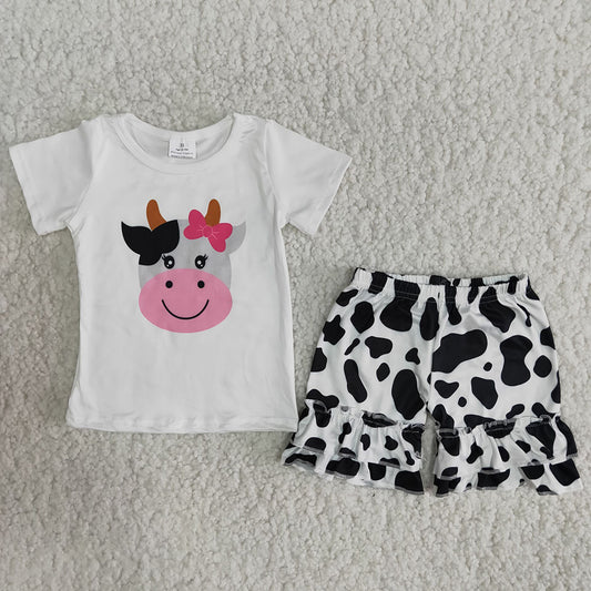 Cow head cartoon white top ruffles short pants set