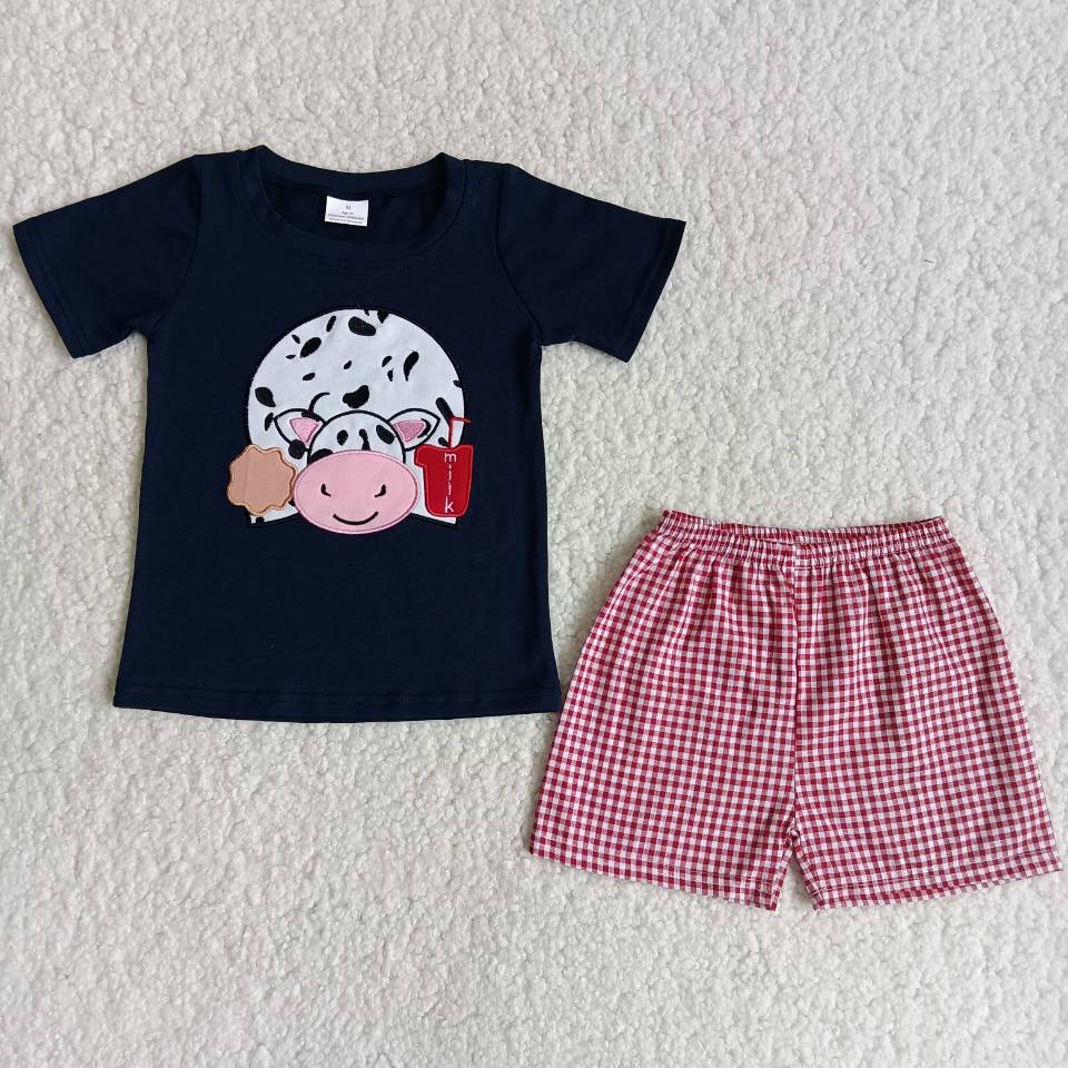 promotion C16-8 boy cow head embroidery red plaid short sleeve shorts outfits RTS 202405