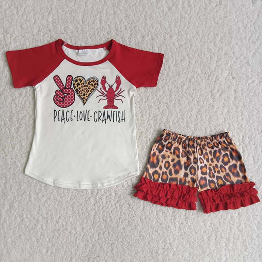 promotion RTS Peace love crawfish red top leopard ruffles short pants set 0510