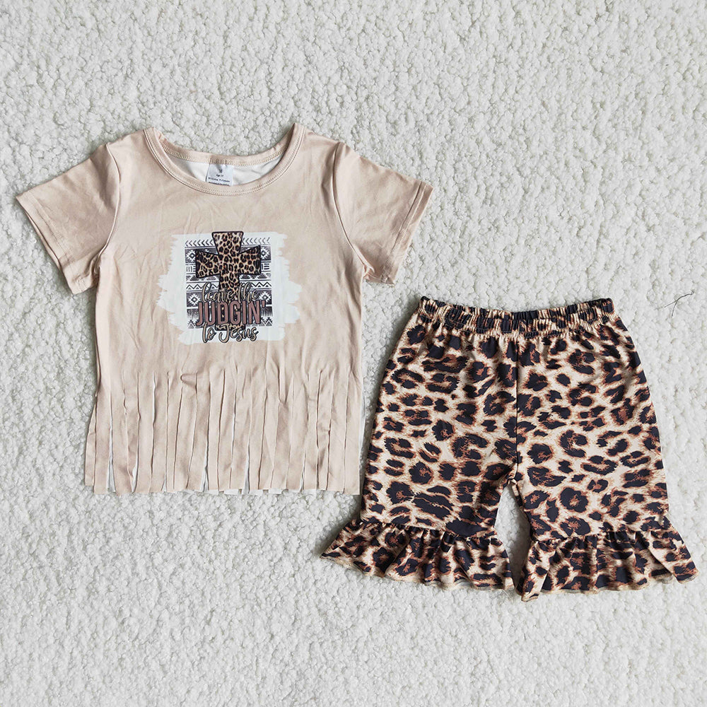 promotion easter cross tassels leopard print ruffles short sleeve shorts 202404 RTS