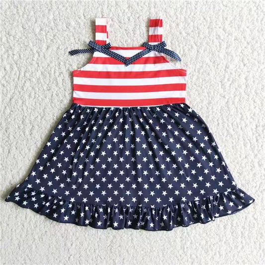 promotion A14-10 Red blue flag stripe American national Day puffy short sleeve girl dress 202404 rts