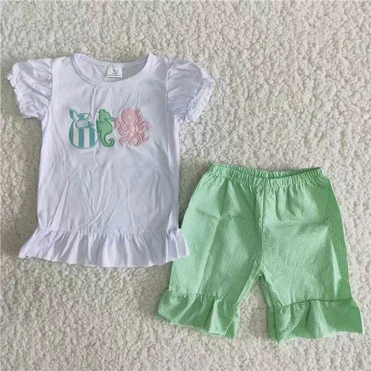 promotion RTS C6-21 sea octopus embroidery short sleeve seersucker shorts boy summer outfits 202300208