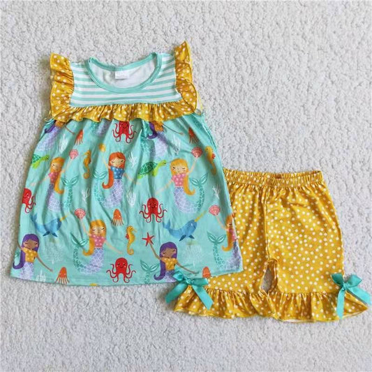 promotion D9-11 cartoon yelllow dot bow green stripe ruffles girl short sleeve shorts outfits 20230429 RTS