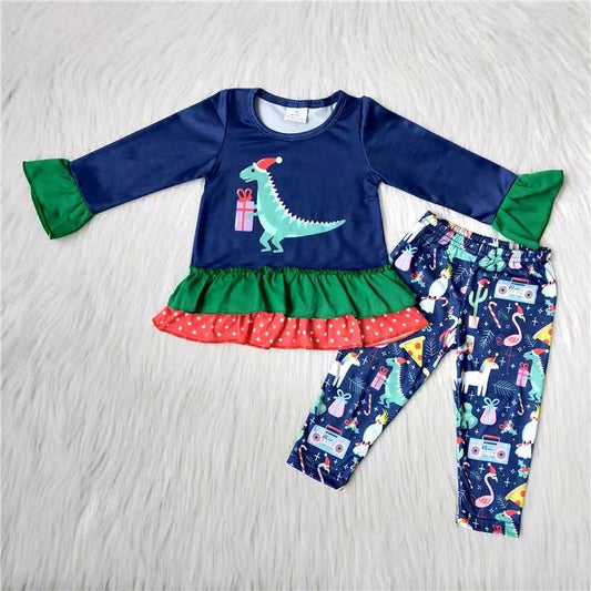 promotion 6 B10-21 Christmas dinosaur print long sleeve ruffle gift girl outfit 0707 RTS