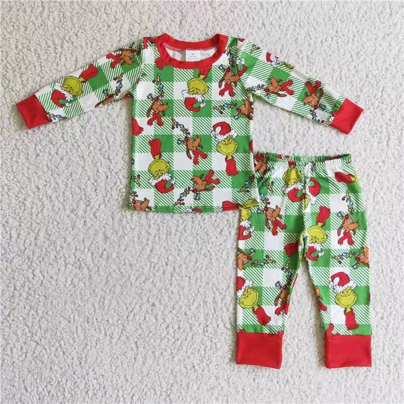 BLP0121 christmas cartoon green grin long sleeve boy pajamas outfit RTS