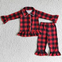 6 B2-39 button red plaid collar girl long sleeve pajamas outfits 20231121 RTS