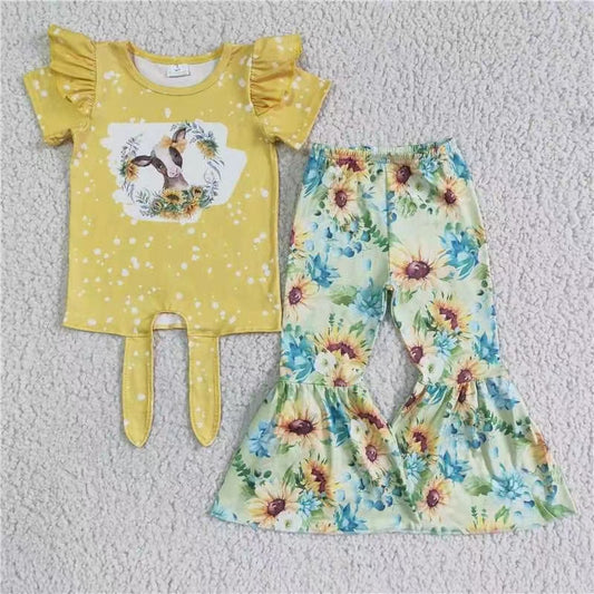 RTS 0815 Cow yellow sunflower girl outfit long sleeve