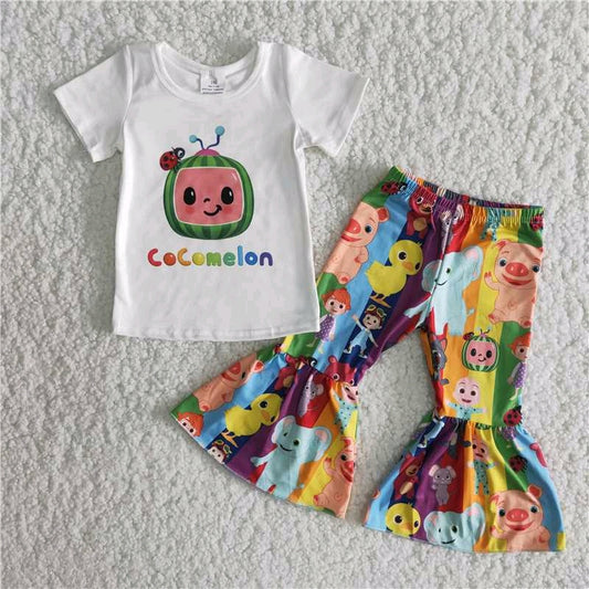 promotion B17-10 cartoon pig watermelon print white short sleeve bell bottom pants girl outfit