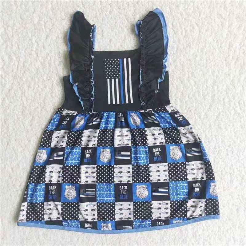 promotion A5-12 police blue flag stripe American national Day puffy short sleeve girl dress 20230225 RTS