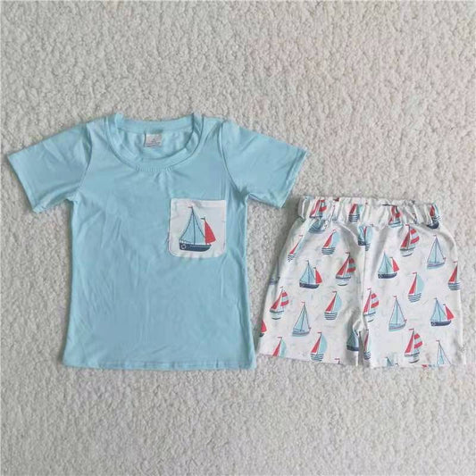 anchor blue short sleeve blue sailboats shorts boys summer outfit 0104