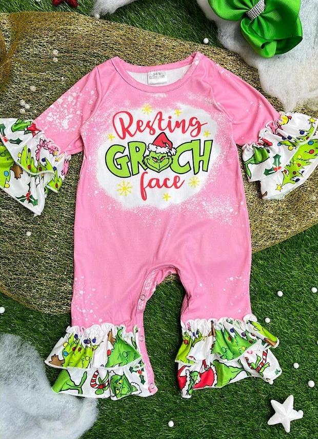 0912 RTS christmas cartoon green grin  pink girl romper