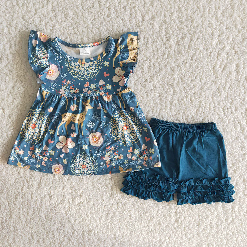 Deer floral puffy blue ruffles girl short sleeve shorts