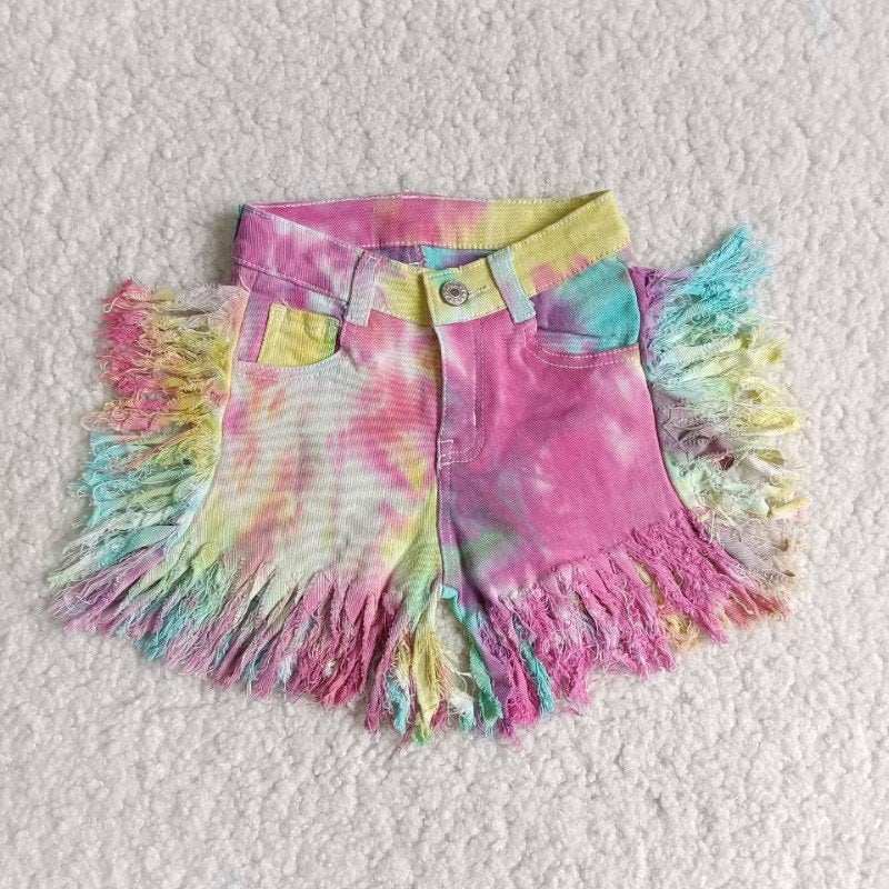 girl button tassels colorful tie-dyed ripped denim shorts