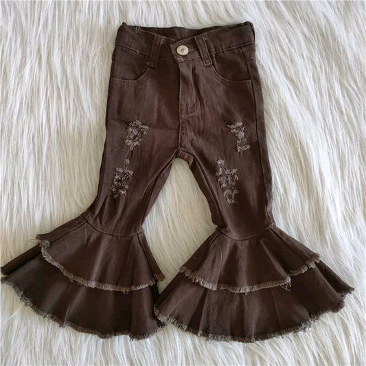 Girls double ruffle brown denim pants