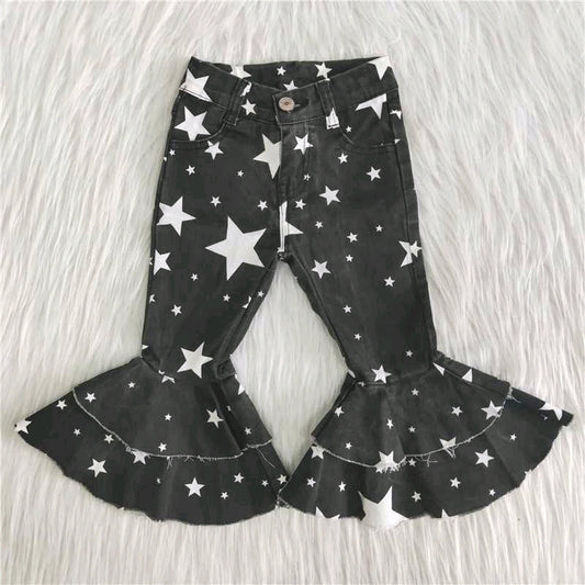 Girls double ruffle stars black denim pants