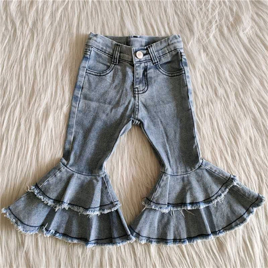 Girls double ruffle tassels denim pants