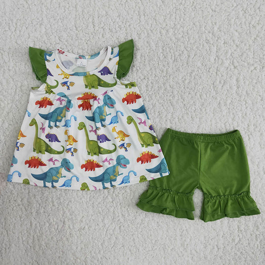 Promotion Dinosaur green puffy ruffles girl short sleeve shorts outfits rts