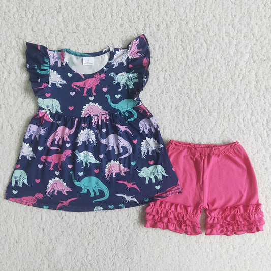 promotion price A13-16  Dinosaur blue purple puffy pink ruffles girl short sleeve shorts outfits