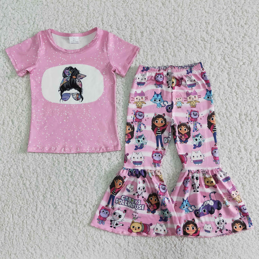 promotion A12-11 cartoon dolls pink short sleeve bell bottom pant girl outfit 202404