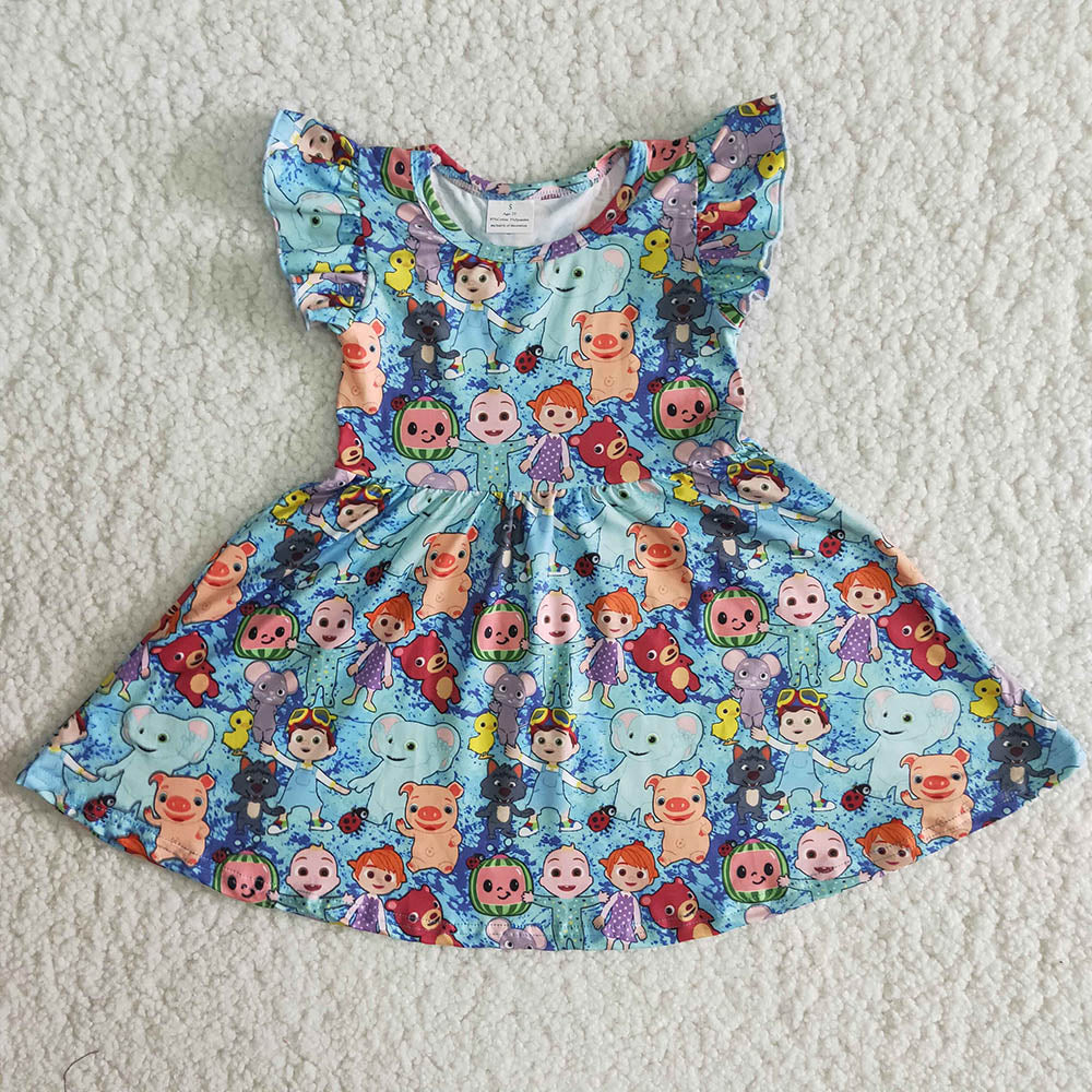 promotion B14-11 cartoon blue tunic flutter short sleeve dress