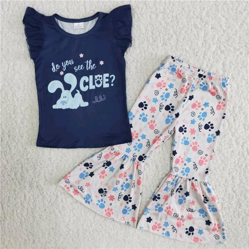 promotion do you see the blue clue cartoon dogs blue short sleeve bell bottom pant girl outfit  rts