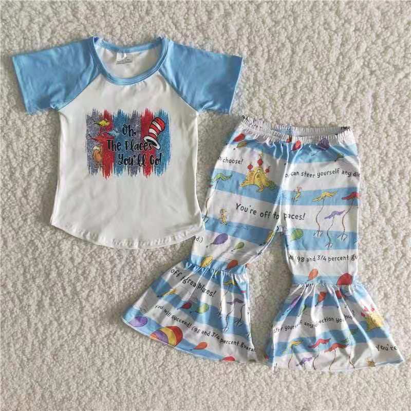 blue raglan cartoon cat stripe short sleeve reading girl outfit