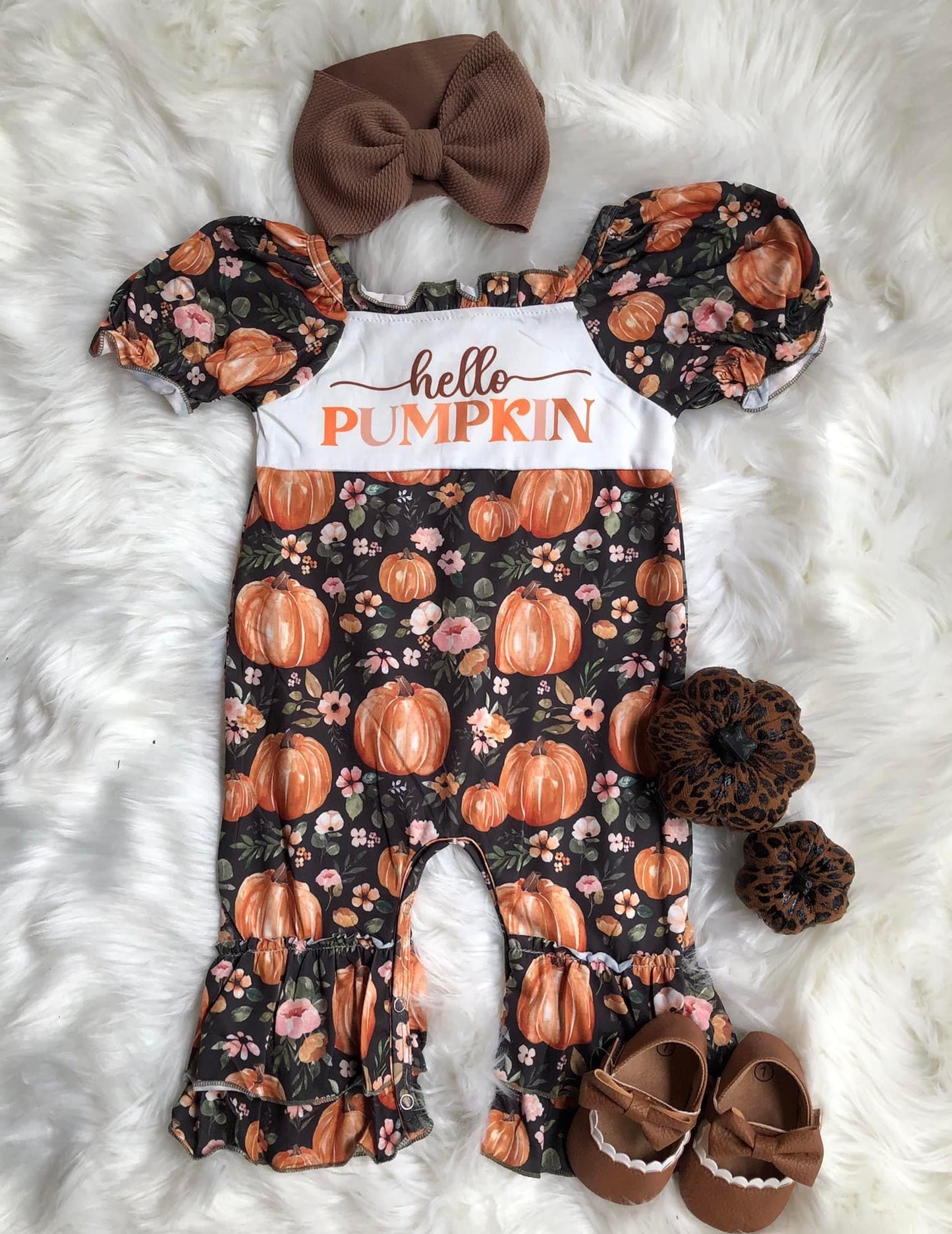 0927 RTS  hello pumpkin floral black ruffles girl short sleeve romper