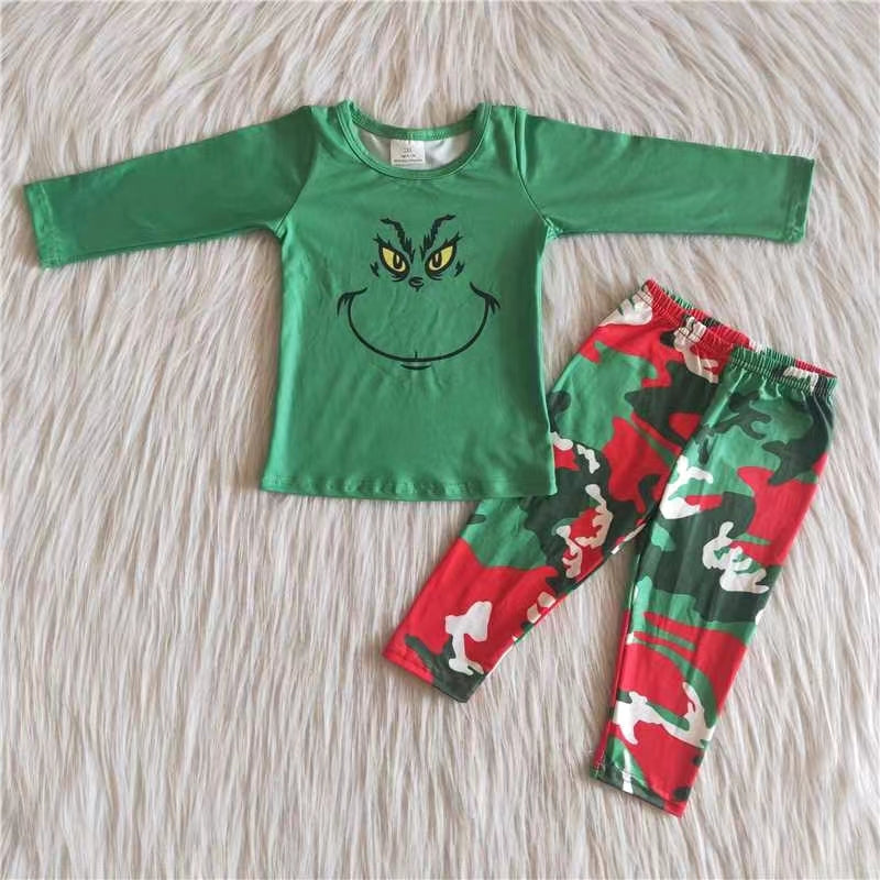 promotion 6 A24-16 Christmas girls red camo long sleeve legging pajamas boy outfits