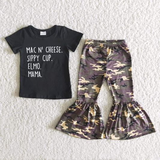 promotion B4-4 Mama letters camo black short sleeve bell bottom pant girl outfit  0722 RTS