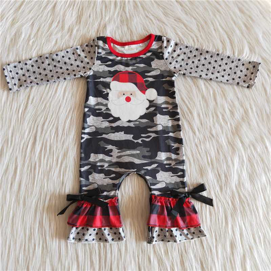 Christmas santa camo dot bow grey girls long sleeve romper 0610 RTS