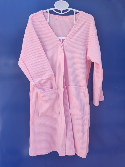 Pale pink solid color pocket cotton long sleeve cardigan