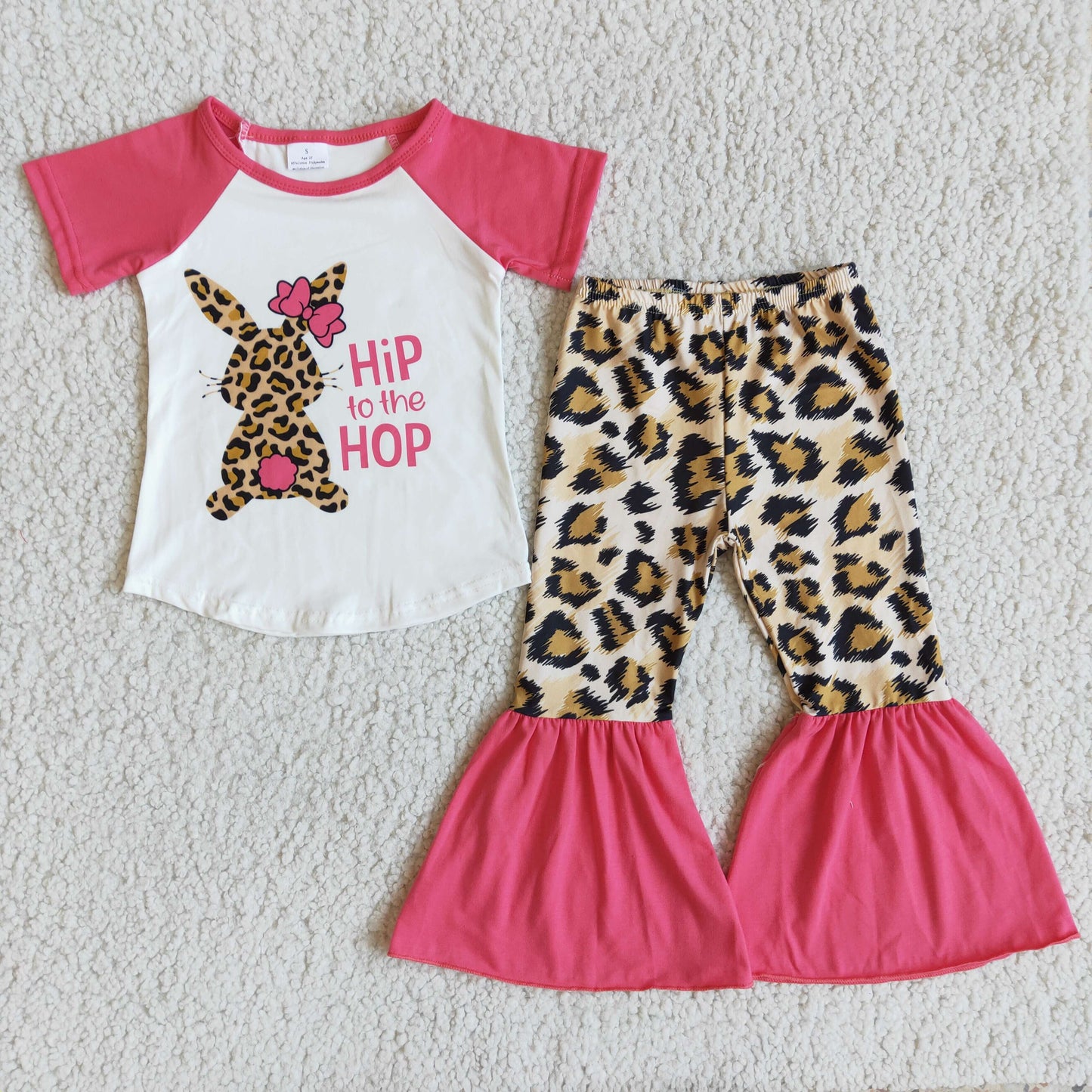 promotion red raglan easter rabbit leopard girl short sleeve bell bottom pant outfit