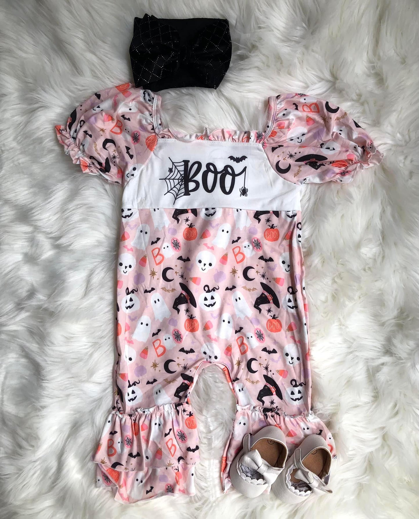 0812 preorder halloween headband boo ghost ruffles pink girl romper