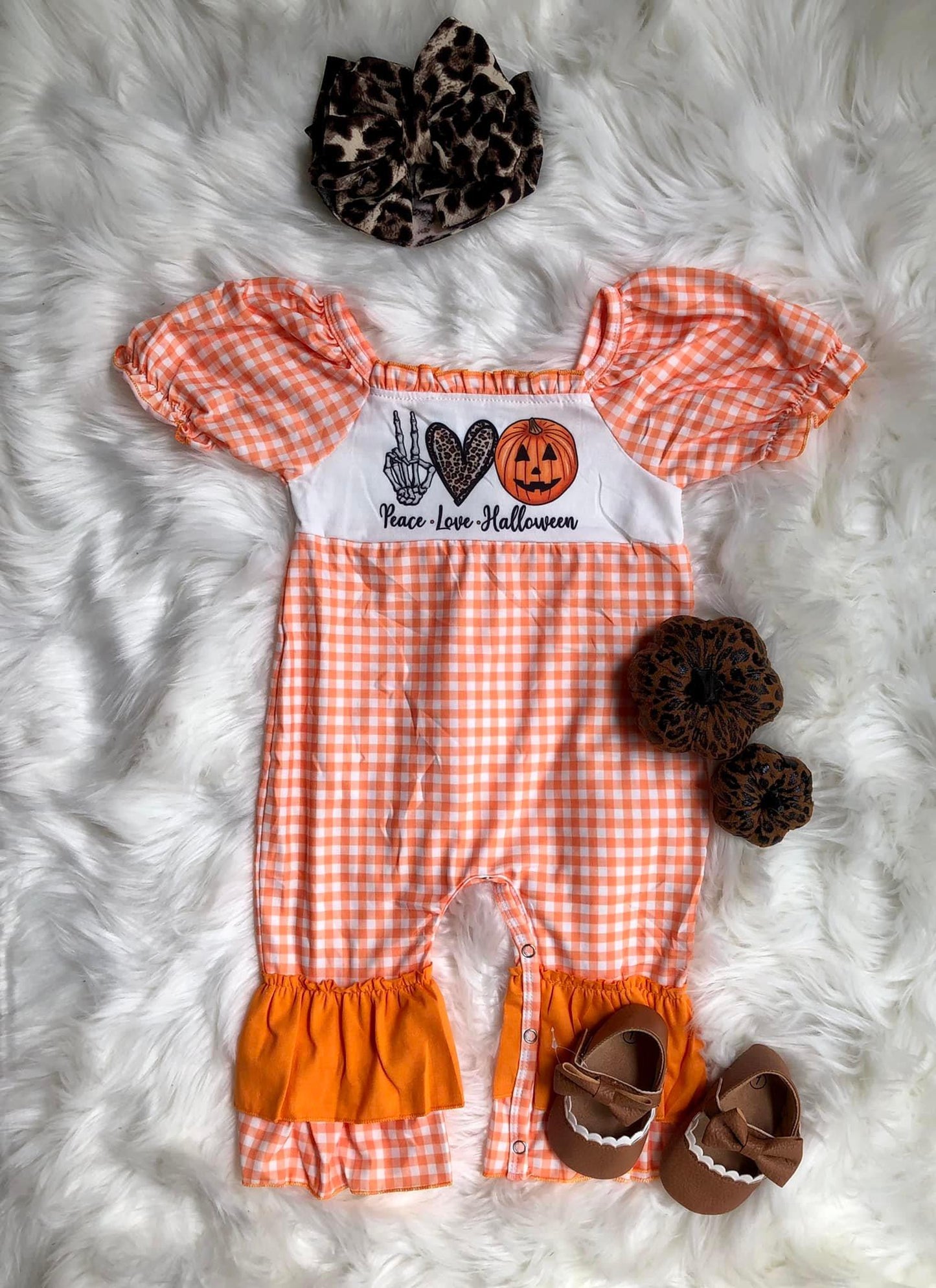 RTS 0923 halloween pumpkin orange white plaid ruffles girl short sleeve romper