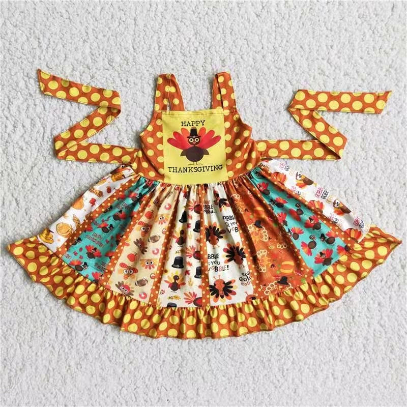 promotion Holiday Thanksgiving turkey print patchwork sleeveless dress