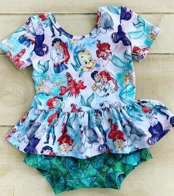 mermaid print ruffle girl short sleeve green bummie set outfits 0408