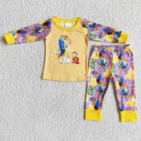 ruffles yellow raglan cartoon princess pajamas long sleeve bell bottom pant outfit