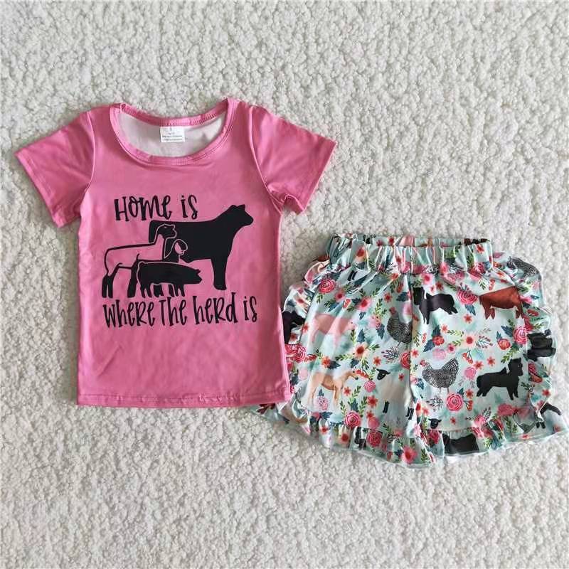 B5-22 pink letter top farm animals print short sleeves summer ruffles shorts 20230328 RTS