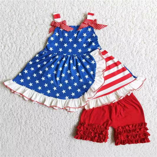 promotion D7-1 stars pattern Red blue flag stripe American national Day bow sleeveless girl summer set