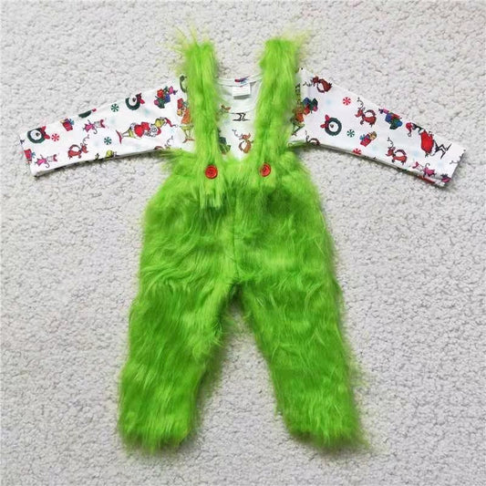 Christmas boy green cartoon long sleeve suspender trousers outfits