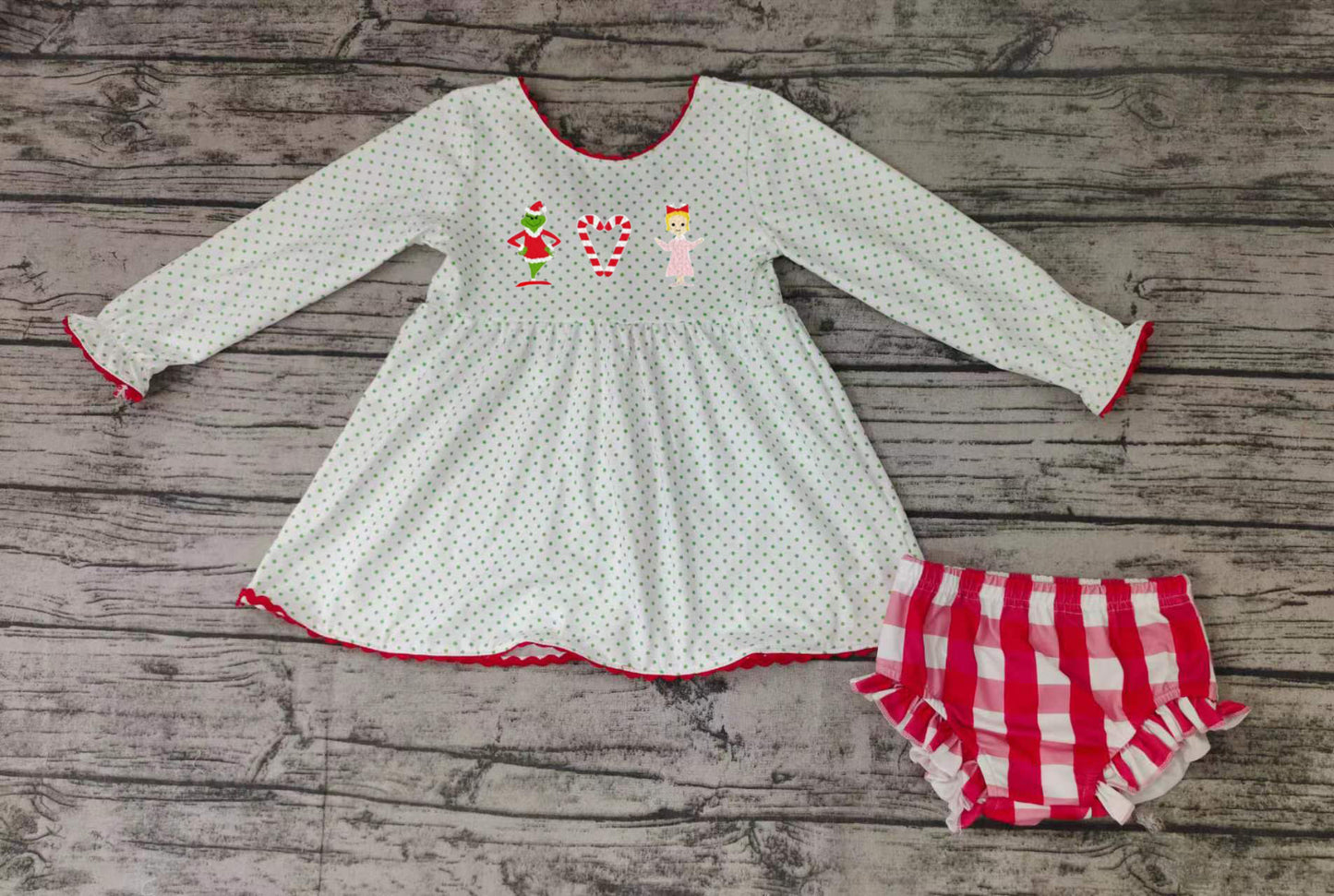 preorder embroidery Christmas green dots cartoon long sleeve top red plaid pants girl bummies set outfit 0711