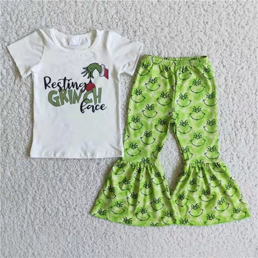 promotion E3-30 Christmas girl green cartoon smile letter short sleeve bell bottom pants outfits 20230612 RTS