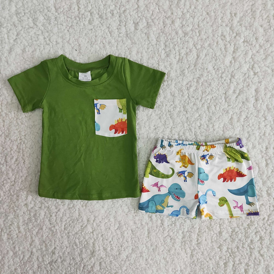 Green dinosaur boy short sleeve shorts outfits 0429