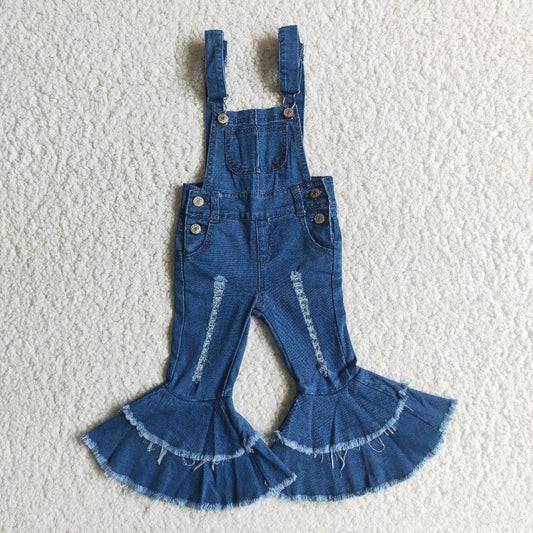 pocket button double ruffles denim suspender pants