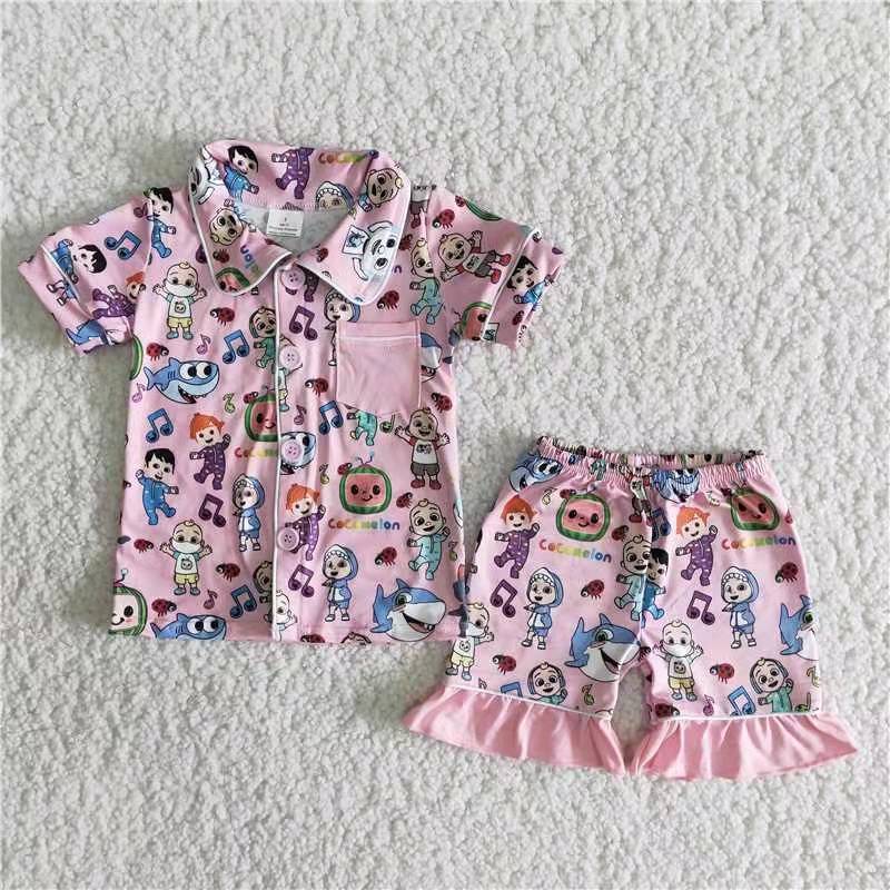 promotion B4-14 Pink coco pattern collar short sleeves shorts girls pajamas outfits Jan 0106